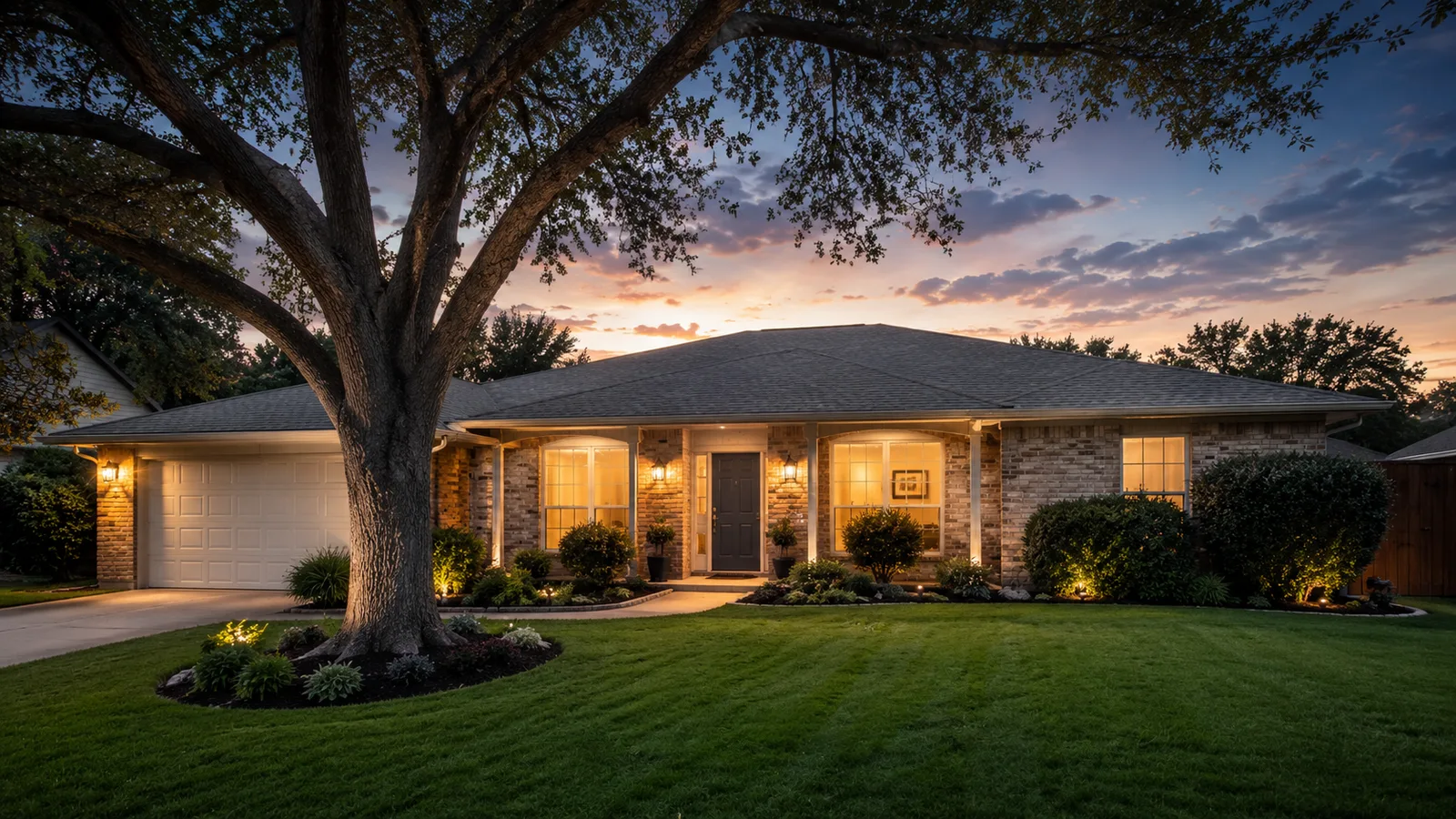 Fachada de la casa en 6931 Echo Bluff Drive, Dallas, al anochecer