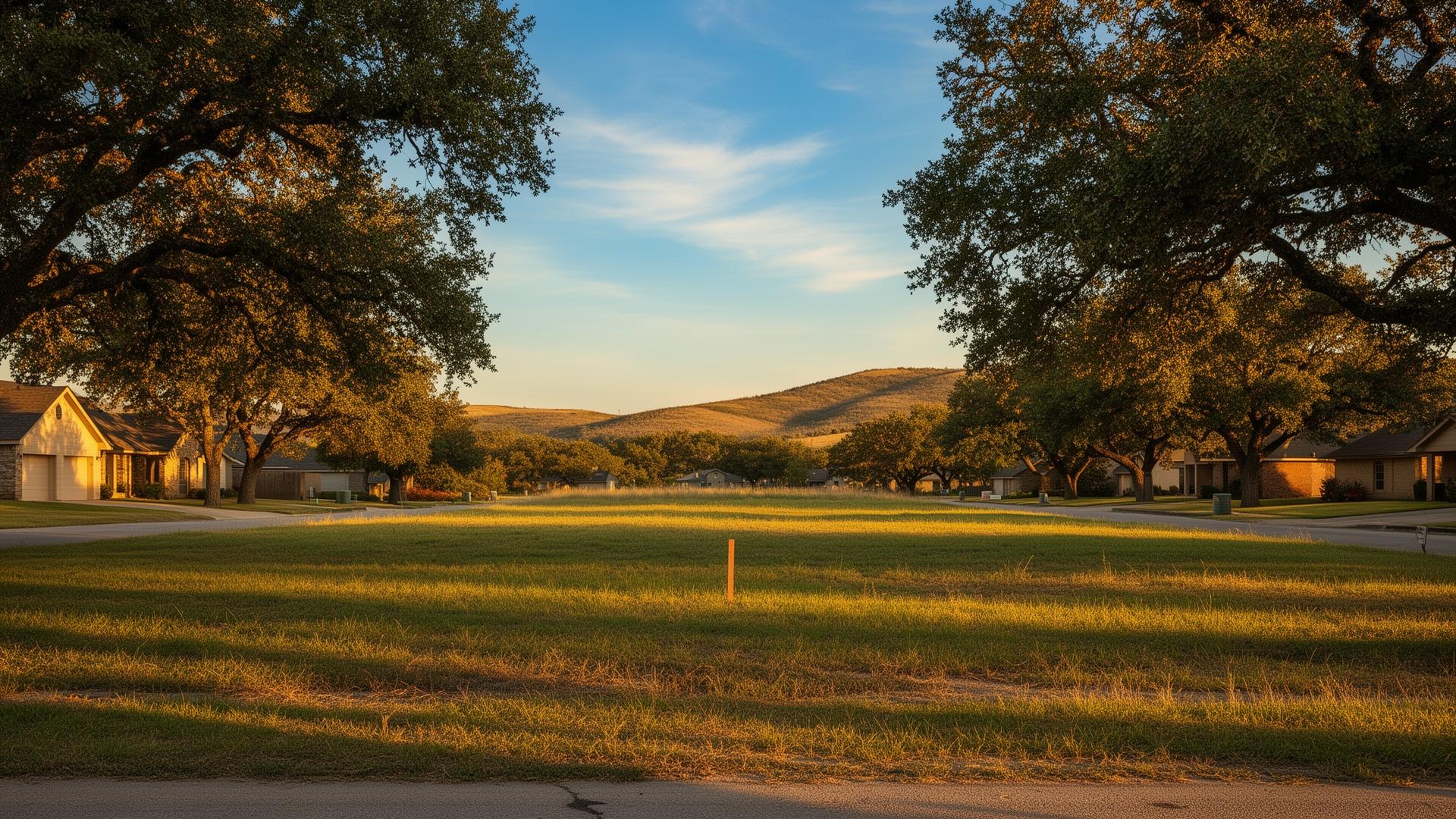 Terreno residencial vacío de 0.138 acres en Denison, Texas, a la hora dorada con robles alrededor